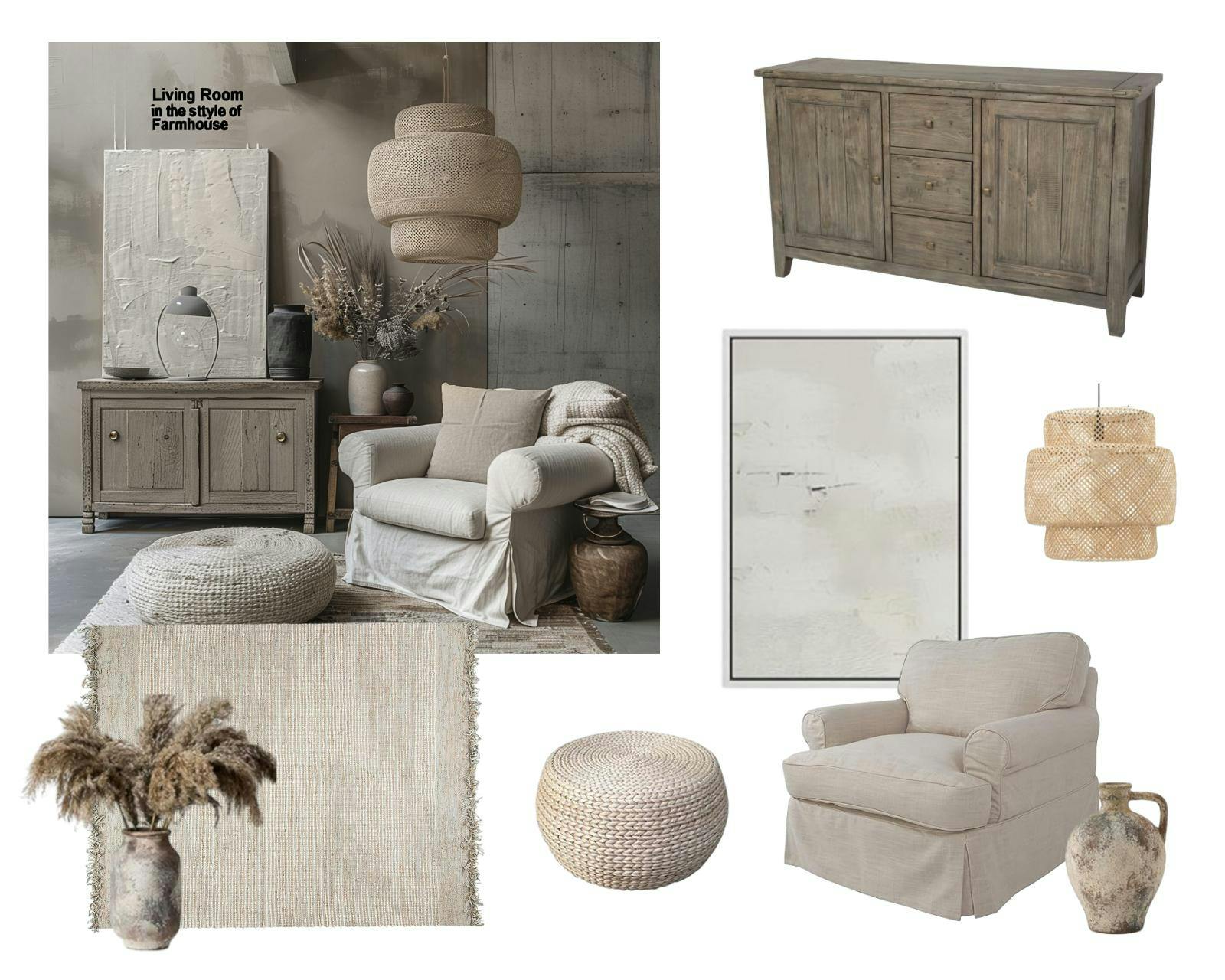 Living Room in Farmhouse Style Inspiration Board with Mood Board AI 