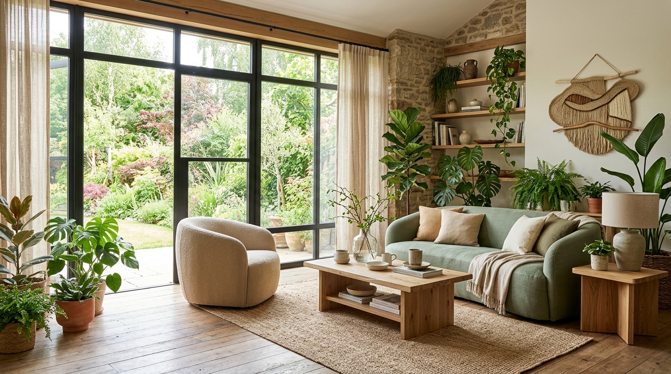 Biophilic living room with natural light, lush plants, wood furniture, and sage green textiles creating a nature-connected atmosphere
