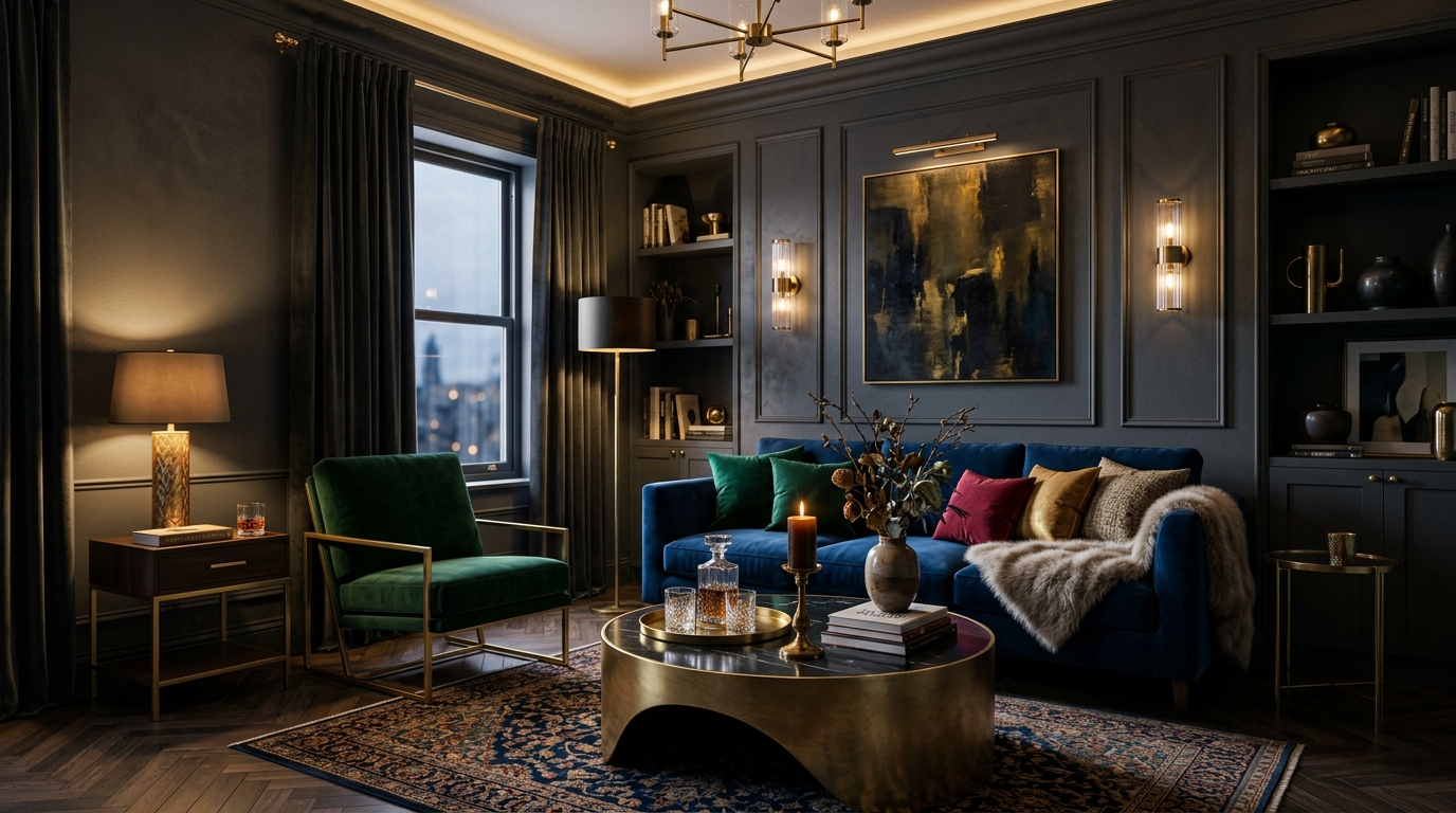 Dark moody living room with charcoal walls, gold accents, and rich velvet furniture creating a dramatic intimate atmosphere